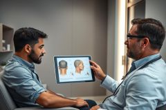 Doctor consults with a patient about hair loss treatment. The image shows a medical professional in a modern clinic, examining a tablet displaying a diagram of the scalp and hair follicles. A man sits facing the doctor, discussing options for hair restoration in a professional setting. Blue and gray tones dominate the scene.