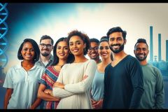 The image is a composite of diverse individuals, likely representing a team or group involved in biotechnology or genetics. They are standing together with smiles on their faces against a backdrop that includes industrial structures and what appears to be DNA double helix molecules. The color palette is vibrant with blues, purples, whites, and golds, suggesting innovation and science-related themes.