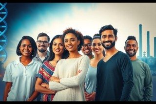 The image is a composite of diverse individuals, likely representing a team or group involved in biotechnology or genetics. They are standing together with smiles on their faces against a backdrop that includes industrial structures and what appears to be DNA double helix molecules. The color palette is vibrant with blues, purples, whites, and golds, suggesting innovation and science-related themes.