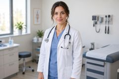 Confident female clinician in exam room wearing white coat and stethoscope, looking toward camera.