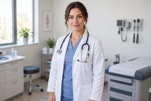 Confident female clinician in exam room wearing white coat and stethoscope, looking toward camera.