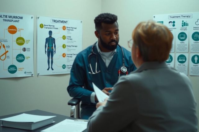 Image captures a professional healthcare setting. A doctor, distinguishable by the stethoscope around his neck, is engaged in conversation with a patient who appears to be discussing symptoms or medical history. The environment suggests a clinic or hospital room, and the overall tone of the image is serious due to the nature of the interaction.