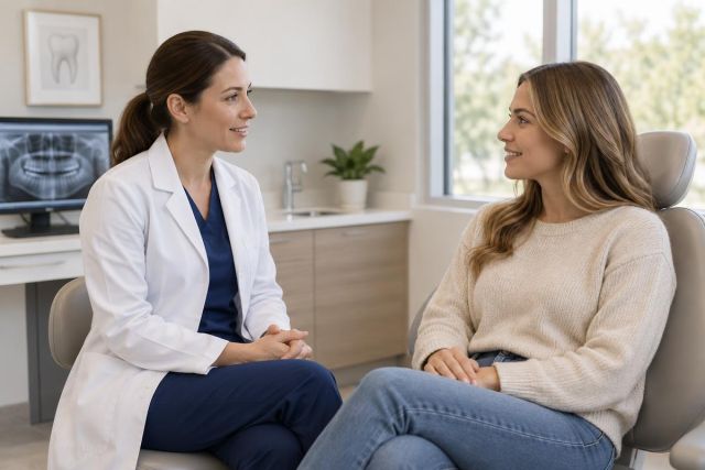 Dentist consulting with patient in bright dental exam room; dental X-ray visible.