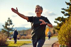 There's a person who appears to be an elderly woman. She's standing outside on a sunny, blue-sky day, suggesting it could be warmer months of the year. She's engaged in physical activity; her arms are raised, suggesting she might be walking or running.