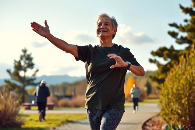 There's a person who appears to be an elderly woman. She's standing outside on a sunny, blue-sky day, suggesting it could be warmer months of the year. She's engaged in physical activity; her arms are raised, suggesting she might be walking or running.
