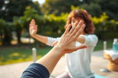 Person practicing yoga outdoors in a park. Focus on hands in a yoga pose, with a blurred background of greenery and a white shirt. Peaceful and relaxing scene.