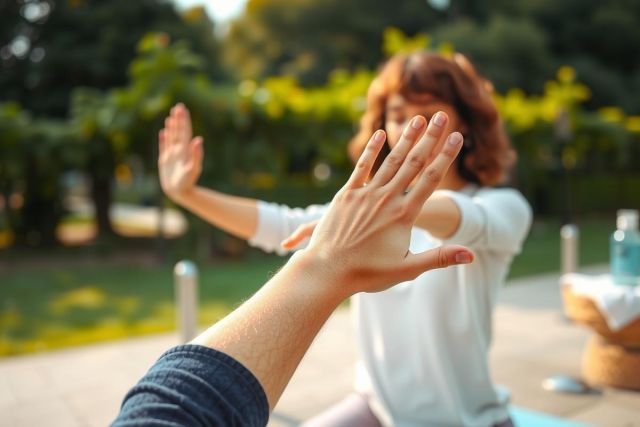Person practicing yoga outdoors in a park. Focus on hands in a yoga pose, with a blurred background of greenery and a white shirt. Peaceful and relaxing scene.