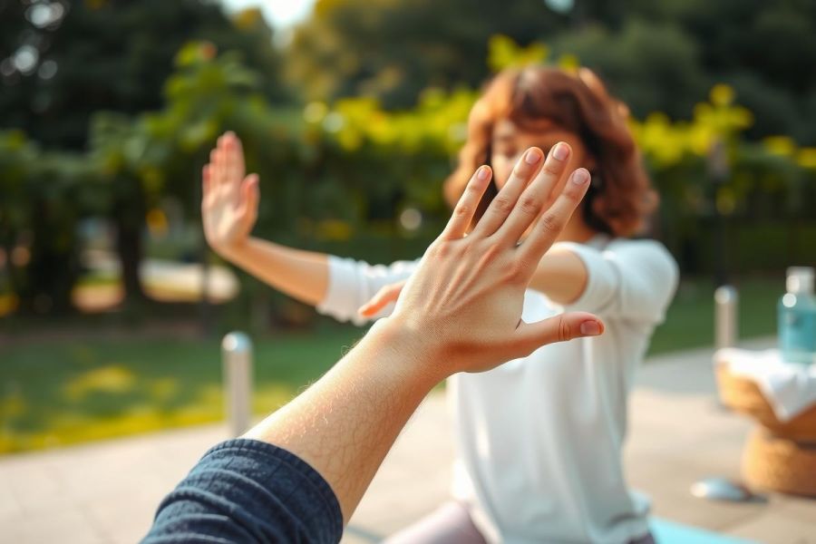 Person practicing yoga outdoors in a park. Focus on hands in a yoga pose, with a blurred background of greenery and a white shirt. Peaceful and relaxing scene.