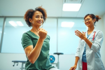 Patient celebrating with a doctor in a medical clinic. Woman raises fist in victory, smiling, while a healthcare professional claps. Bright, modern setting.