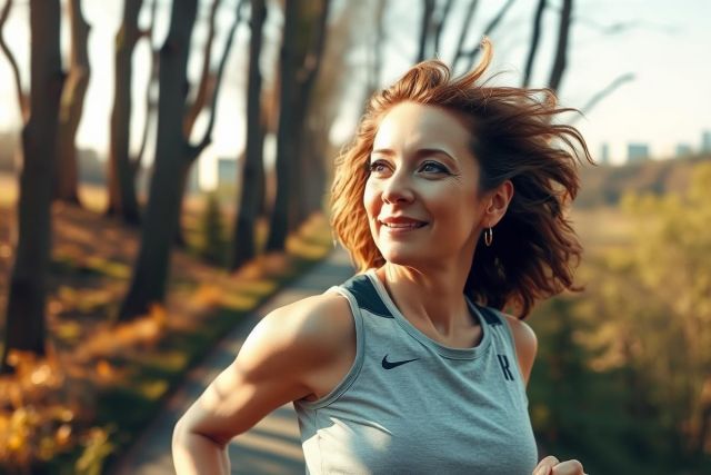 The image depicts a woman running on a path surrounded by trees. She is wearing athletic attire, including a gray tank top and shorts, and her hair appears to be blowing in the wind due to her movement. The environment suggests a serene, natural setting with sunlight filtering through the canopy of the trees.