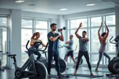 Group fitness class in a modern gym. People exercising with a trainer, using spin bikes and yoga mats. Bright, airy space with large windows. Focus on health, wellness, and active lifestyle. Blue and gray tones dominate the scene.