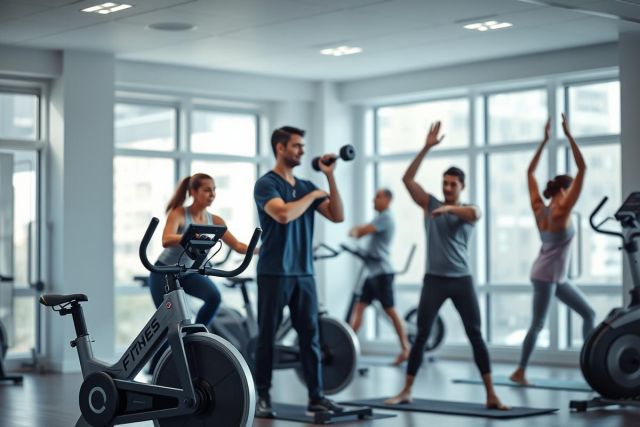 Group fitness class in a modern gym. People exercising with a trainer, using spin bikes and yoga mats. Bright, airy space with large windows. Focus on health, wellness, and active lifestyle. Blue and gray tones dominate the scene.