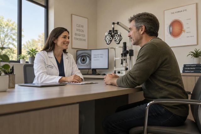 Eye clinic consultation between optometrist and patient with examination equipment in background.