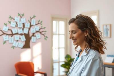 The image shows a woman who appears to be a medical professional, possibly a doctor or nurse, standing in an office setting. She is wearing professional attire which includes scrubs and has her hair tied back. The woman is smiling and seems to be engaged in a conversation or patient interaction.