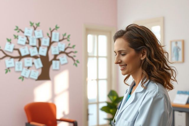 The image shows a woman who appears to be a medical professional, possibly a doctor or nurse, standing in an office setting. She is wearing professional attire which includes scrubs and has her hair tied back. The woman is smiling and seems to be engaged in a conversation or patient interaction.