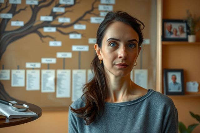 A woman is seated at a desk in an office setting. She appears to be deep in thought with her gaze directed off to the side, away from the camera. The woman has short dark hair and is wearing casual attire. 