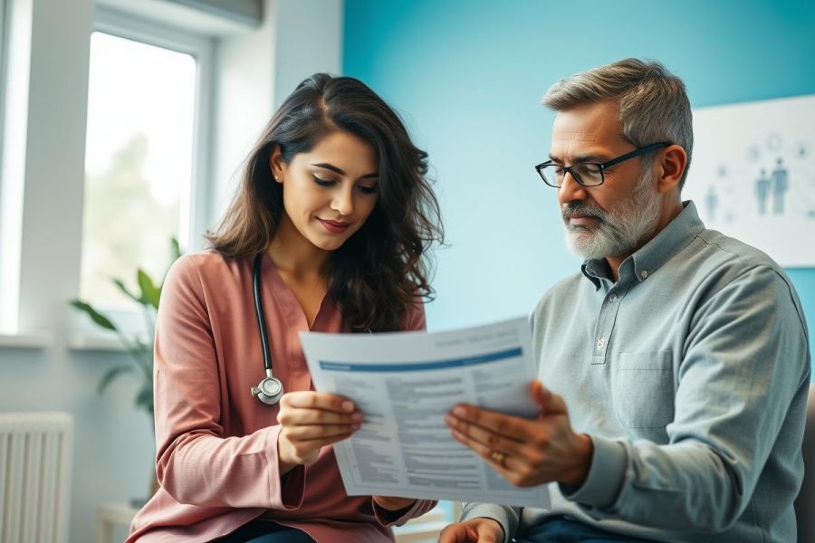 Doctor and patient reviewing medical documents in a bright, modern clinic. The female doctor with a stethoscope examines paperwork with a mature male patient. Healthcare consultation, medical examination, and patient care are key themes. Teal walls and natural light create a welcoming atmosphere.