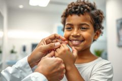 Close-up of a smiling young Black girl holding hands with a healthcare professional, likely a doctor or nurse. Warm, natural lighting and a bright, modern medical office background create a positive and reassuring atmosphere. Focus on child health, pediatric care, and connection.