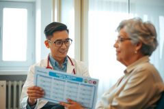 Doctor shows chart to patient during consultation in a brightly lit clinic. Healthcare professional and senior woman are smiling in a medical setting. Focus on patient care and wellness.