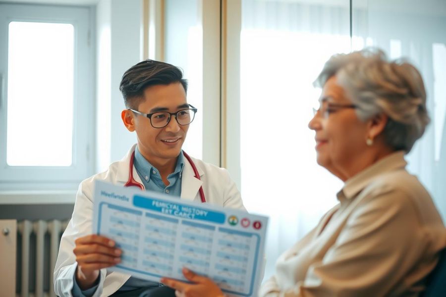 Doctor shows chart to patient during consultation in a brightly lit clinic. Healthcare professional and senior woman are smiling in a medical setting. Focus on patient care and wellness.