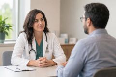 Female physician attentively consulting male patient in bright clinic office, calm professional setting.