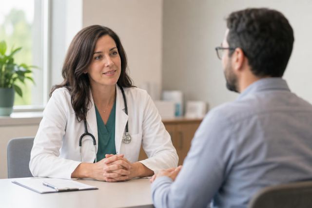 Female physician attentively consulting male patient in bright clinic office, calm professional setting.