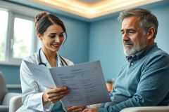 Doctor consults with a senior male patient in a modern, blue-toned clinic. The healthcare professional reviews documents with the man, showcasing a focus on patient care and medical consultation. Bright lighting creates a welcoming atmosphere.
