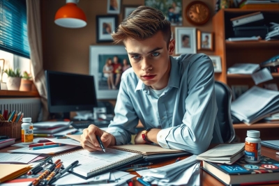 The image shows a young man seated at a cluttered desk. He appears to be deeply engrossed in his work, pen in hand and papers scattered about. His environment includes a computer monitor, various books, and additional papers, suggesting an intense study or research session.