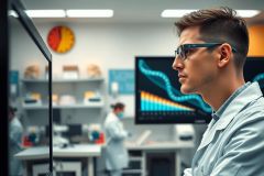 Scientist in a lab coat observes data on a monitor. The modern lab environment includes equipment, shelving, and a colleague in the background. Focus on research and analysis.