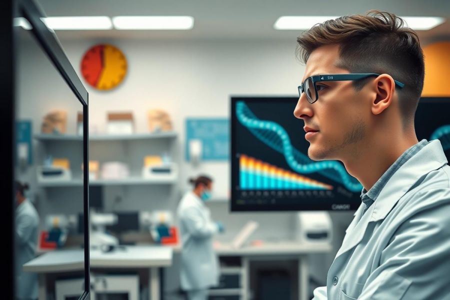 Scientist in a lab coat observes data on a monitor. The modern lab environment includes equipment, shelving, and a colleague in the background. Focus on research and analysis.