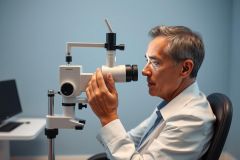 An optometrist examines a patient's eyes using diagnostic equipment in a modern clinic. The scene features a man in a white coat, blue walls, and a focus on eye care and vision testing. Professional medical setting.