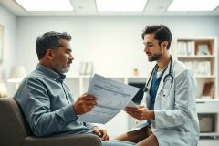 Doctor consults with a patient in a bright, modern office. They review medical charts together, showcasing healthcare discussion and patient care. Focus on medical consultation, doctor-patient relationship, and health records.