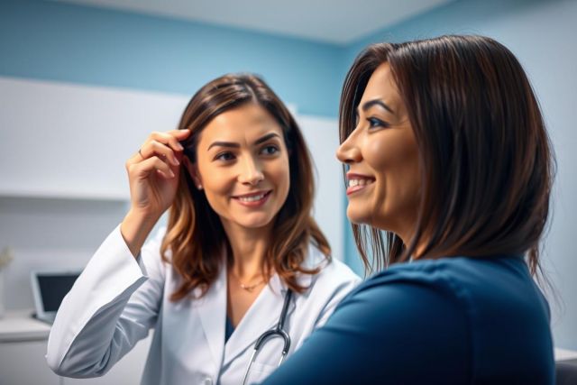 Doctor and patient in a medical consultation. A smiling female doctor in a white coat with a stethoscope speaks with a happy patient in a bright, modern clinic setting. Healthcare, wellness, and doctor-patient relationship themes are present.