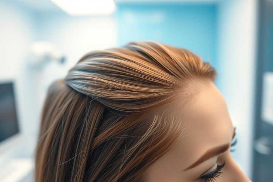 Close-up of a woman with auburn, highlighted hair styled in an elegant updo. The hairstyle showcases glossy texture and warm brown tones against a modern, light blue and white background. Focus on beauty, hair styling, and a sophisticated aesthetic.