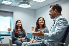 Doctor consulting with patients in a modern, light blue medical office. A male physician discusses health concerns with two female patients seated comfortably. The scene conveys a professional medical consultation setting, with a focus on healthcare and patient care.