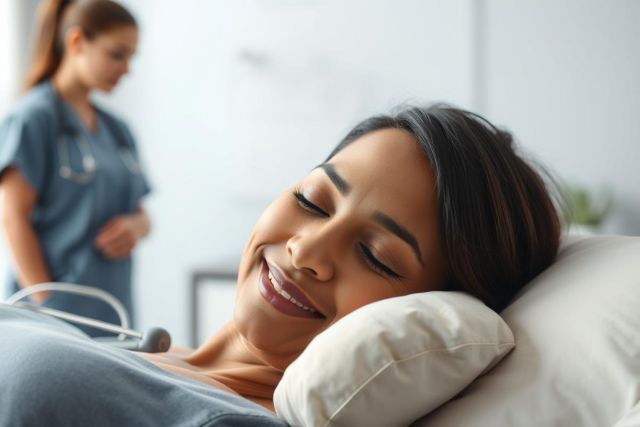 Patient smiling peacefully in a hospital bed, with a nurse blurred in the background. Soft lighting, calming blue and white tones, depicting healthcare, recovery, and patient care in a medical setting.