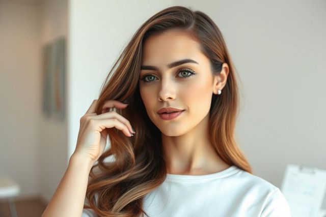Portrait of a beautiful young woman with long brunette hair and green eyes. She wears a white shirt and subtle makeup, posing indoors against a neutral beige background. Focus on her face and elegant style, conveying beauty and sophistication.