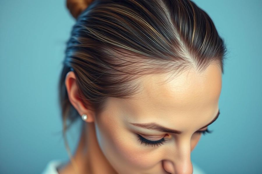 Close-up of a woman's sleek, dark brown hair styled in a bun against a soft blue background. Focus on her forehead and eye makeup, showcasing a polished, elegant look.