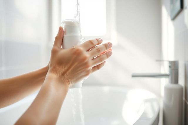 Close-up of hands washing with soap in a bright, modern bathroom. Clean white tiles and a chrome faucet are visible. Focus on skincare and hygiene, with a fresh, clean aesthetic.