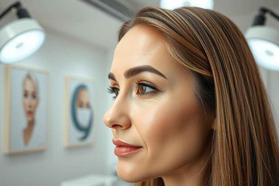 Close-up profile portrait of a young woman with auburn hair and vibrant makeup in a modern beauty clinic. Soft lighting highlights her features and the clean, white environment with framed artwork. Focus on cosmetic procedures, skincare, and beauty treatments.