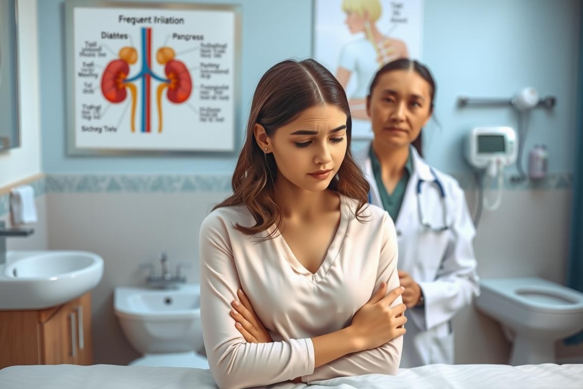 The image shows a scene from a medical setting, likely a doctor's office or hospital. The focus is on two individuals: a woman seated with her arms crossed, appearing to be the patient; and a standing woman who appears to be the healthcare provider.