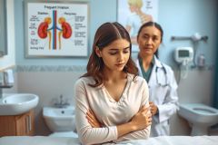 The image shows a scene from a medical setting, likely a doctor's office or hospital. The focus is on two individuals: a woman seated with her arms crossed, appearing to be the patient; and a standing woman who appears to be the healthcare provider.