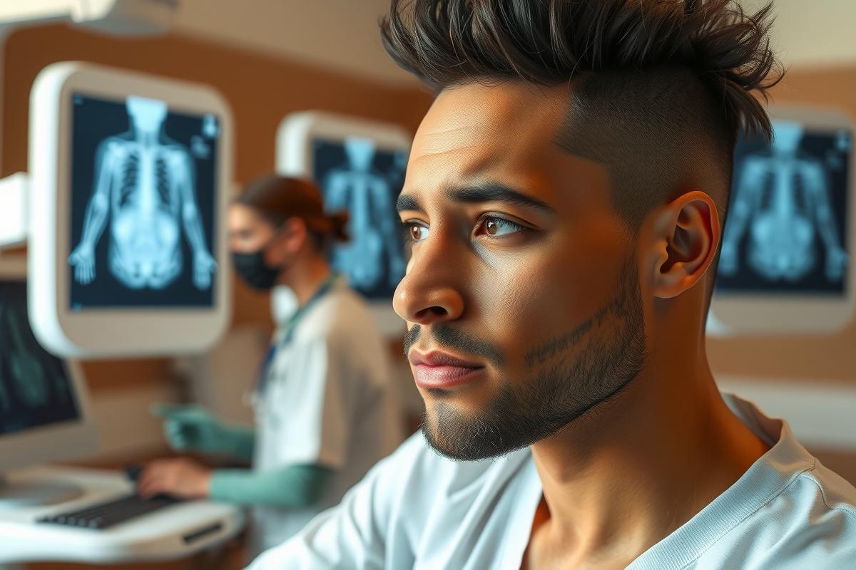 Image of a young man wearing a white coat, sitting at a workstation with multiple medical equipment displays. He is focused on the screens while another person in similar attire appears to be assisting or observing from the background.