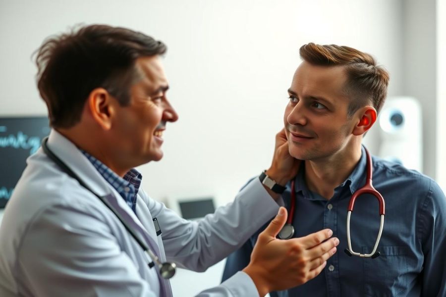 Doctor examines patient during consultation. Medical professional in white coat uses stethoscope. Healthcare setting with a blue shirt-clad male patient. Focus on wellness and medical care.