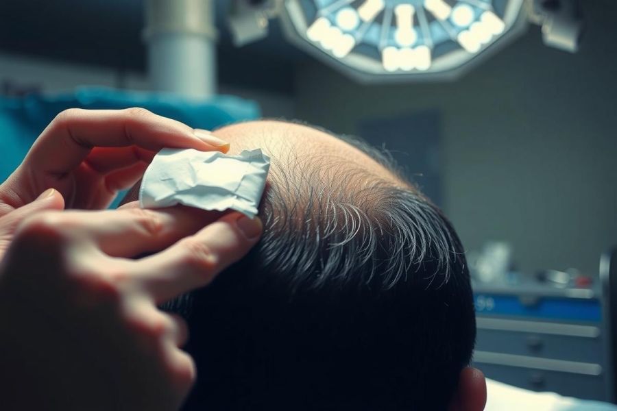 Hair transplant surgery. A surgeon holds a small graft during a procedure. Close-up view with medical equipment in the background. Focus on skin and hair follicles.