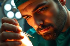 Surgeon performing a delicate procedure with precision tools in an operating room setting. Focus on the medical professional's hands and focused expression. Clinical environment, bright lighting, healthcare theme.