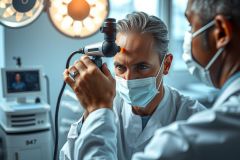 Doctor examining a patient's eye with specialized equipment in a medical setting. Focus on eye care, healthcare, and medical examination. White coats and a sterile environment are visible.