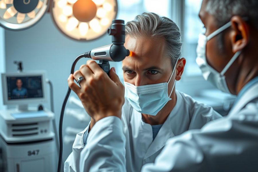 Doctor examining a patient's eye with specialized equipment in a medical setting. Focus on eye care, healthcare, and medical examination. White coats and a sterile environment are visible.
