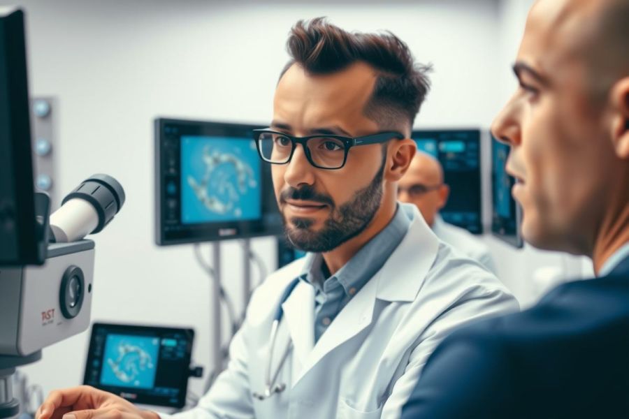 Scientists examining a microscope slide and data on screens in a lab. Focus on medical research, biology, and scientific discovery. White lab coats and a modern, clean environment.
