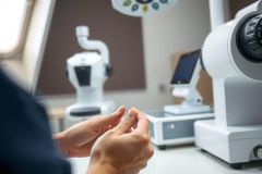 Optometrist examining an eye chart in a clinic. Close-up of hands holding the chart, with diagnostic equipment in the background. Focus on eye care and vision testing.